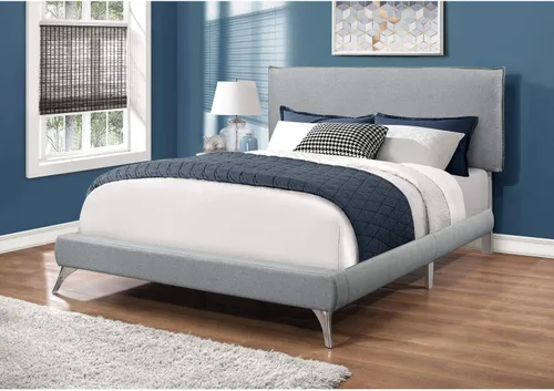 Vista 2 de Monarch Specialties Cama de lino gris con patas cromadas tamaño queen/cama