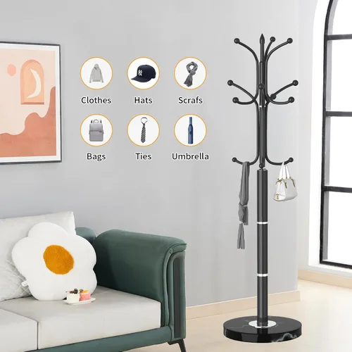 Vista 4 de Snaikor Perchero de metal independiente, soporte de perchero resistente con base de mármol natural, árbol de abrigos modernos en negro para colgar