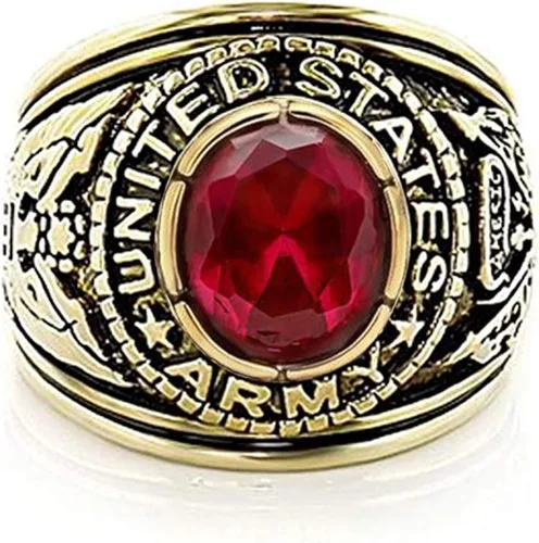 Vista 2 de Anillo del Ejército de los Estados Unidos (chapado en oro con piedra roja) Militar Anillos Joyería - Oficiales Fuerzas Especiales Militares