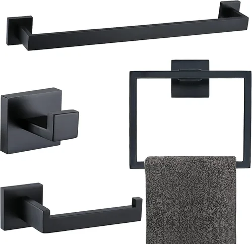 Vista 13 de Juego de 4 soportes para toallas de baño, juego de accesorios de baño de acero inoxidable negro y dorado, montaje en pared, 23.6 pulgadas