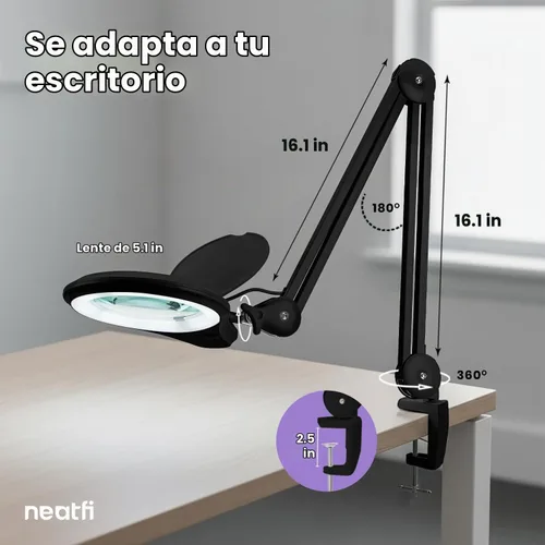 Vista 9 de Neatfi Lámpara de aumento bifocal LED de 1,200 lúmenes, lente de vidrio de 5 pulgadas, aumento doble 2.25X/6X, regulable, brazo ajustable con Negro