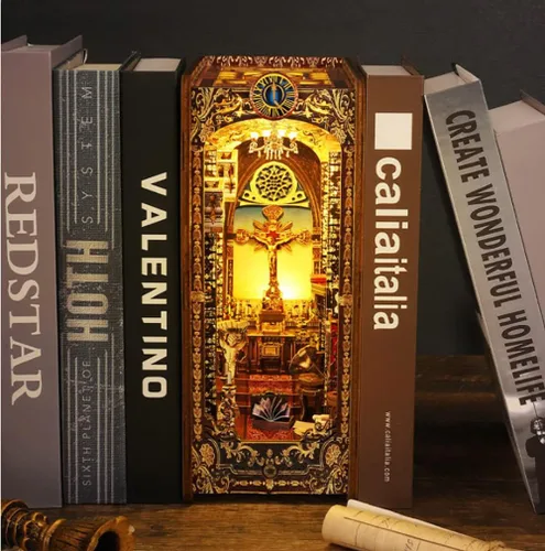 Vista 3 de Soporte de madera 3D para libros, rompecabezas de casa de muñecas, sujetalibros de madera, kit de construcción de rincón con luz LED