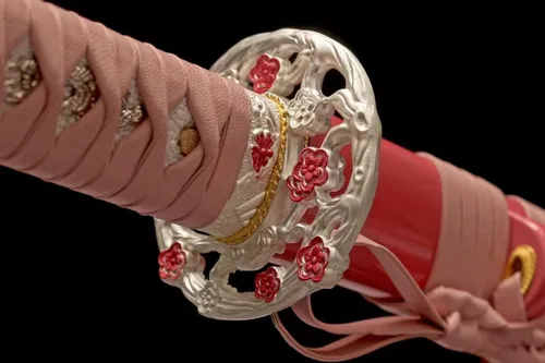 Vista 5 de Katana samurái funcional de espiga completa de 41 pulgadas, hecha a mano japonesa T10, acero al carbono, arcilla templada, espada rosa real Hamon