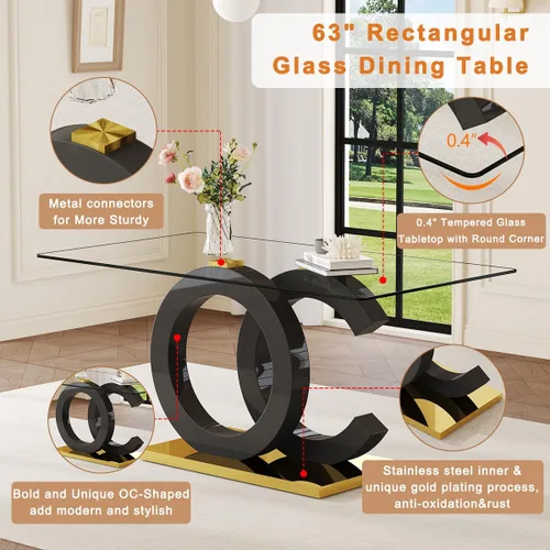 Vista 5 de Ebullient 63" Modern Glass Dining Table Set for 4, Black & Gold 5-Piece Set Glass Table & Beige Chairs