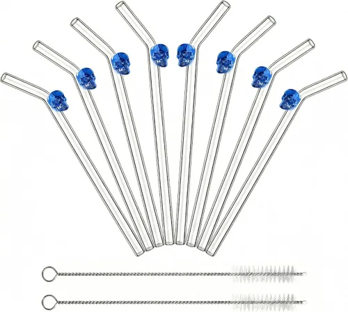 Vista 14 de Pajitas de cristal hechas a mano con dije de murciélago – Pajitas de borosilicato dobladas reutilizables de 9 pulgadas para vasos de 16 oz/20 onzas