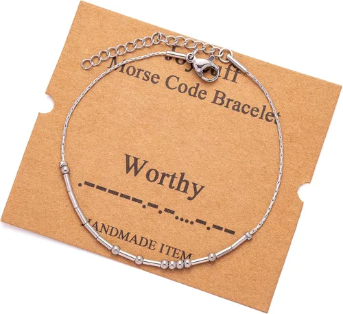 Vista 135 de JoycuFF Pulseras inspiradoras de código morse para mujeres, cuentas de plata, joyería con mantra de motivación, regalos para ella