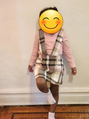 Vista 2 de Madjtlqy Conjunto de ropa de otoño e invierno para bebé niña, camiseta acanalada de manga larga + falda con tirantes a cuadros 12 18 24M 2T 3T 4T 5T