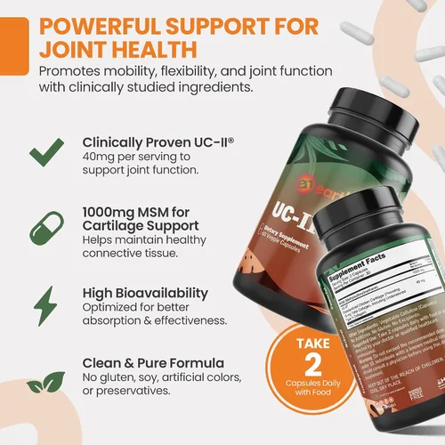 Vista 2 de EarthNutri Joint UC-II + MSM para la salud y flexibilidad ósea. Promueve la reparación saludable de las articulaciones y un mejor movimiento. 40 mg