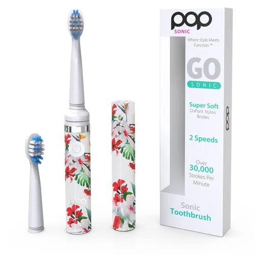 Vista 2 de Cepillo de dientes eléctrico Pop Sonic (floral blanco) Paquete de 2 cepillos de dientes de viaje con batería AAA Cepillos de dientes eléctricos