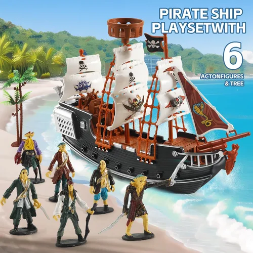 Vista 4 de Figuras de acción pirata, juego de barco pirata, juguetes de simulación de barco pirata con 6 figuras de acción y árbol, juguete de juego