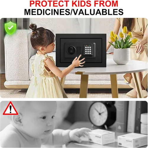 Vista 7 de Cajas fuertes pequeñas para uso doméstico, caja de seguridad digital con cerradura de combinación, llaves de repuesto y estante extraíble, caja