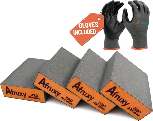 Vista 9 de Esponja de lijado, grano 60/80/120/220, paquete de 4 con guantes protectores, bloque de lijado de grano medio fino grueso, bloques de lijado secos