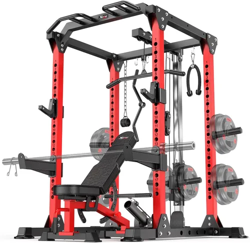 Vista 20 de Power Rack Power Cage Rack multifunción para sentadillas con sistema cruzado de cable seleccionable más accesorio de entrenamiento para garaje