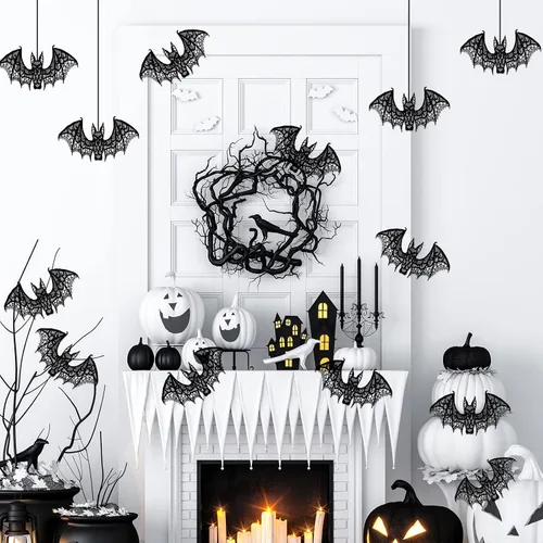 Vista 4 de Hoteam 12 piezas de decoración de murciélago de encaje de Halloween, fiesta