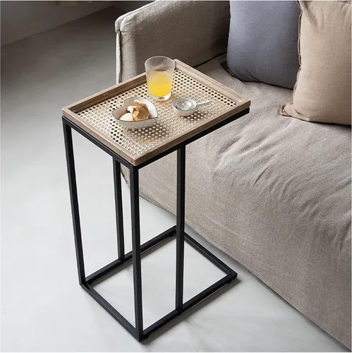 Vista 2 de COZAYH Mesa auxiliar de sofá en forma de C de granja con bandeja tejida de madera rústica y metal y marco de metal, mesa auxiliar para sala de Negro