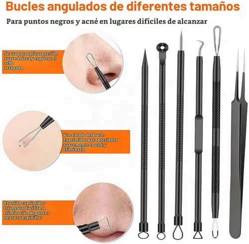 Vista 5 de Kit de herramientas para reventar espinillas, 6 piezas, removedor de espinillas, juego de herramientas de aguja para acné, tratamiento de Negro