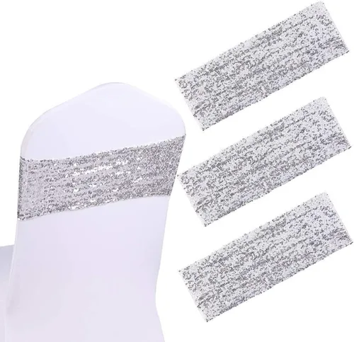 Vista 6 de 50 bandas de lentejuelas para silla de 5.9 x 13.78 pulgadas, color dorado, para decoración de silla brillante para bodas, banquetes, fiestas