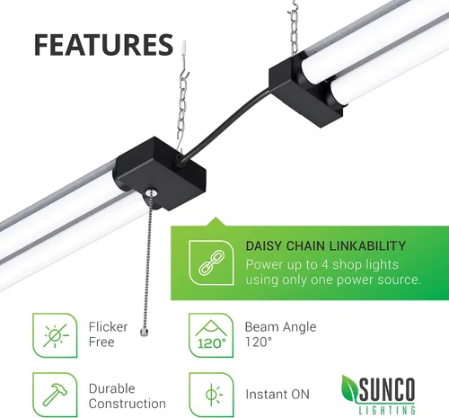 Vista 7 de Sunco Lighting - Lámparas industriales de luz LED de 40W en paquetes de 4, 12 y 16 piezas 6000K Daylight DLX, 4100LM, Frosted Lens, Pull Chain