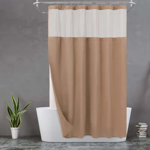 Vista 6 de N&Y HOME - Juego de cortina de ducha de punto gofre, forro de tela a presión y ganchos, para ducha pequeña, estilo hotel, ventana superior de malla