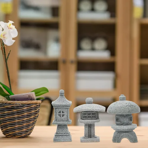 Vista 8 de Kisangel 3 piezas de adornos de jardín de piedra arenisca en forma de pabellón estatuas en miniatura para terrario zen pequeño decoración de jardín