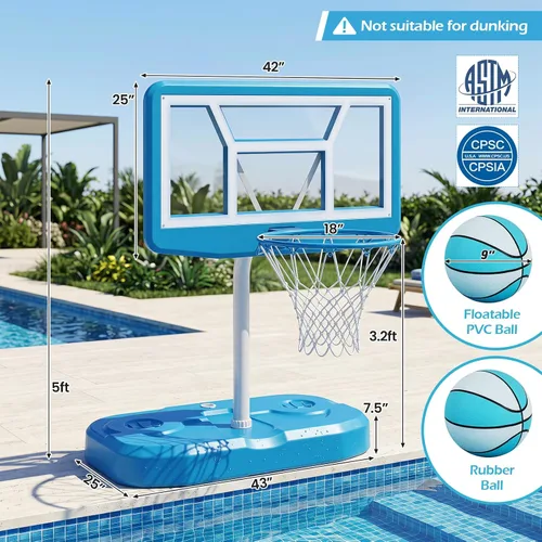 Vista 6 de Goplus Aro de baloncesto para piscina con tablero de policarbonato de 42 pulgadas, 2 bolas, bomba