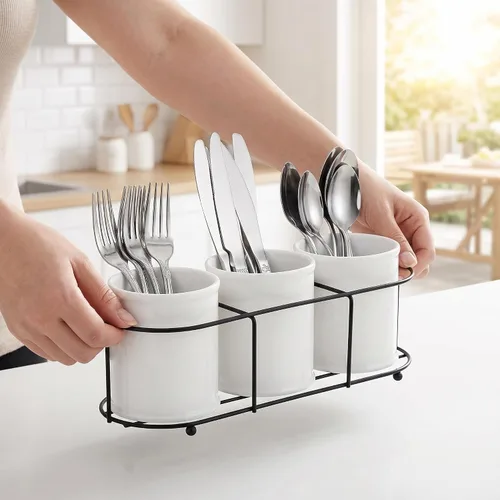 Vista 7 de Bekith Organizador de cubiertos de cerámica de 3 piezas con estante de metal, soporte para utensilios de cubiertos, organizador de almacenamiento