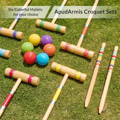 Vista 8 de ApudArmis Juego de Croquet para Seis Jugadores con Mazos de Madera de Goma Premium de 28 Pulgadas, Pelota de Colores, Arcos, Estacas – Juego