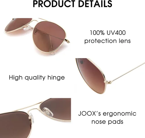 Vista 4 de JOOX - Gafas de sol clásicas de aviador para mujeres y hombres, lentes UV400, marco de acero inoxidable, livianas.