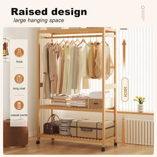 Vista 5 de Portable Bamboo Clothes Rack with Shelves - Free Standing Wooden Wardrobe, Rolling Garment Rack for Bedroom, Adjustable Multi-Storage Organizer with
