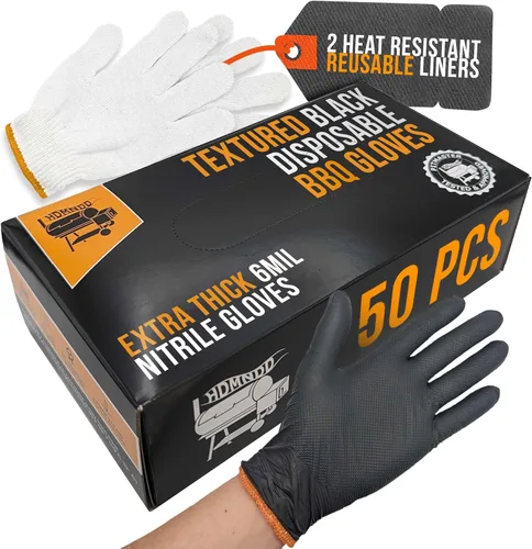 Vista 10 de Kit de guantes desechables para barbacoa negro - 50 guantes de agarre texturizado resistentes y 2 forros reutilizables resistentes al calor