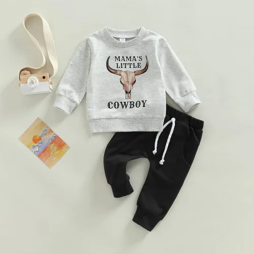 Vista 3 de AEEMCEM Conjunto de 2 piezas de sudadera con estampado de vaca y pantalones deportivos occidentales para niños pequeños para otoño e invierno