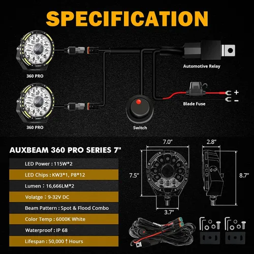 Vista 6 de Auxbeam Serie 360-PRO - Luces LED redondas para todo terreno de 7 pulgadas, con 2 cubiertas protectoras ámbar/negras, barra de luz de conducción