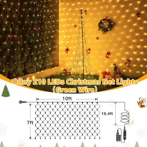 Vista 2 de Ollny Luces de Red para Exteriores Luz de Malla, 210 LED de 10 x 7 pies, cable verde, luces de red de Navidad, IP67 impermeable, 8 modos enchufable