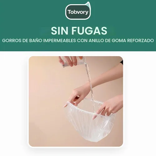 Vista 4 de Gorros de ducha desechables - 100 unidades Tobvory, gorro de ducha impermeable de plástico para mujer y hombre, gorro de ducha extra elástico