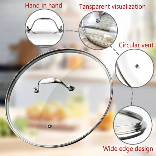 Vista 3 de Tapa de olla de vidrio transparente de 8 pulgadas para funda de repuesto para sartén Con mango de puente de arco de acero inoxidable plateado