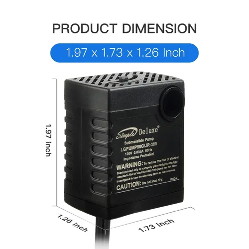 Vista 4 de Simple Deluxe Bomba sumergible de 80 GPH de 3.6 W con entrada ajustable y cable impermeable de 6 pies para pecera, hidroponía, fuentes, estanques