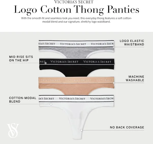 Vista 3 de Victoria's Secret Paquete de tangas de algodón con logotipo, ropa interior para mujer (XS-XXL)