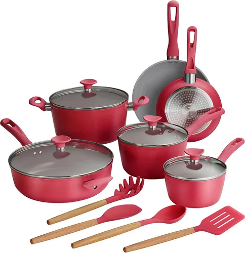 Vista 10 de Tramontina Solara - Juego de utensilios de cocina antiadherentes de cerámica de 14 piezas con tapas, ollas y sartenes de aluminio de calibre pesado