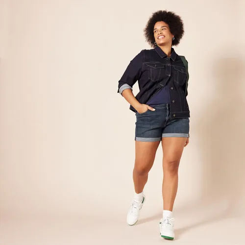 Vista 8 de Tienda Essentials Pantalones cortos de mezclilla ajustados de tiro medio de 4 pulgadas para mujer