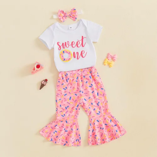 Vista 17 de Conjunto de ropa de cumpleaños para bebé niña pequeña, camiseta de manga larga, pantalones de campana, diadema