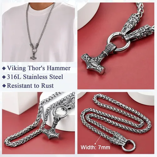 Vista 3 de FaithHeart Collar punk nórdico vikingo para hombre, collar grueso, acero inoxidable, Mjolnirnudo celta, cabeza de lobo, colgante de amuleto, joyería