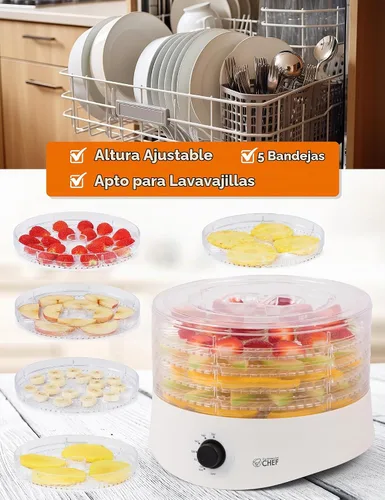 Vista 4 de Commercial Chef - Deshidratadora de alimentos, cinco bandejas de plástico libres de BPA de 9.25”, deshidrata y seca carne, frutas, verduras y Blanco