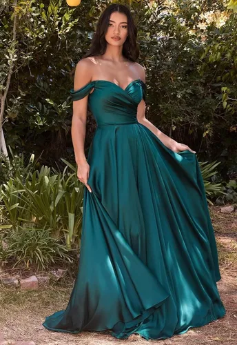 Vista 9 de PEIYJYUSP Vestidos de dama de honor de satén con hombros descubiertos para boda, largo, fruncido, acampanado, vestido de graduación formal