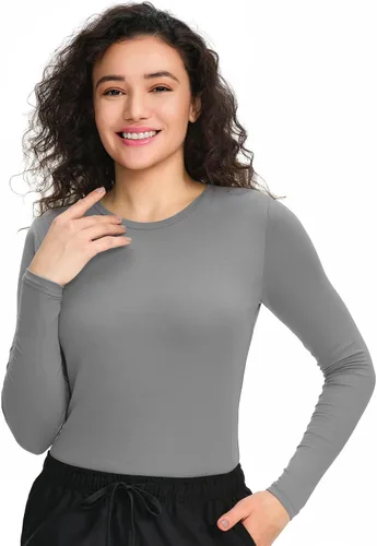 Vista 28 de COZYFIT Camisetas de Scrub de Manga Larga para Mujer - Camiseta Cómoda para Usar Debajo del Uniforme Blanco