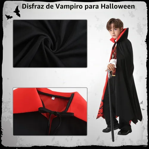 Vista 5 de Disfraz de vampiro para niños, disfraz gótico de vampiro, disfraz de Halloween, capa de disfraces, accesorios de vestimenta Conjunto de disfraz