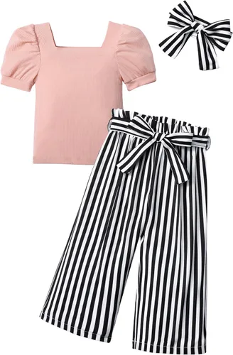 Vista 29 de DONWEN Conjunto de 3 piezas de ropa para niñas pequeñas y niñas con cuello cuadrado + pantalones elegantes + diadema para primavera y verano