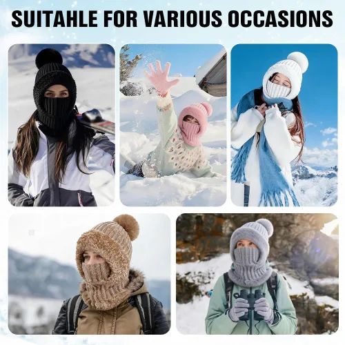 Vista 7 de Gorro 3 en 1 para mujer, pasamontañas de invierno con máscara facial, gorro de punto con forro polar con pompones, máscara de esquí resistente al