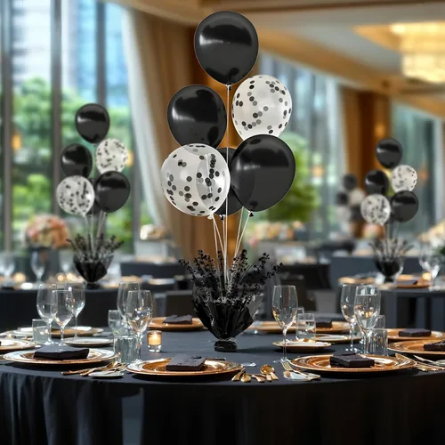 Vista 4 de 2 Juego de Globos de Mesa Negros con Spray de Aluminio para Centro de Mesa con Globos Negros y de Confeti, Kit de Soporte para Decoración de Mesa
