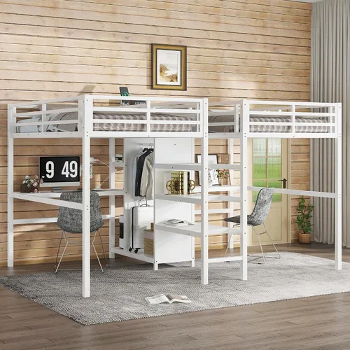 Vista 32 de Cama tipo loft en forma de L tamaño matrimonial e individual con 2 escritorios, tablero de clavijas y cajones de almacenamiento, marco de cama