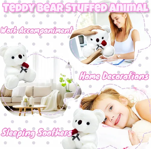 Vista 5 de Peluche de Oso Blanco de 10 pulgadas Juguetes de Animales de Peluche con Rosa, Peluches de Oso Polar Kawaii, Juguetes de Peluche de Animales Suaves